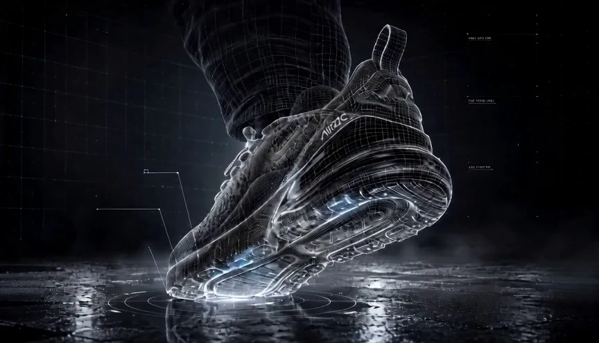 Dettaglio ravvicinato della tomaia in mesh e della gomma della sneaker, texture in primo piano.