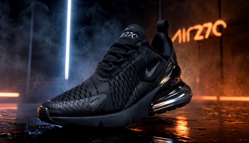 La sneaker di notte, con riflessi arancio caldo su superfici bagnate e fondo scuro.
